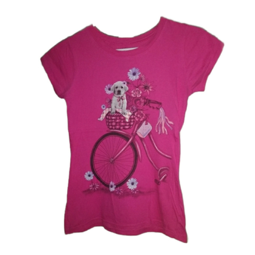 ⭐2/$20 Pink Shirt with Dog in Bike Basket